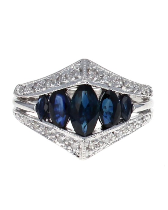 Marquise Sapphire and Round Diamnd Chevron Ring